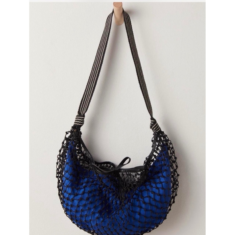 Free People Silver Springs Sling Bag Black Blue Crochet Mini Crossbody NEW